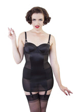 Load image into Gallery viewer, bettie page black corsolette satin mesh slip girdle dress suspender dress retro