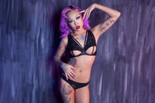 Load image into Gallery viewer, open cup black lace strappy bra cupless caged harness high apex