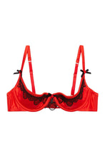 Load image into Gallery viewer, Arlene 1/4 Cup Red Satin Black Lace Bra A - D