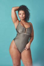 Load image into Gallery viewer, Wolf & Whistle Curve khaki lace up swimsuit