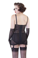 Load image into Gallery viewer, bettie page black corsolette satin mesh slip girdle dress suspender dress retro
