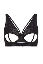 Load image into Gallery viewer, open cup black lace strappy bra cupless caged harness high apex 
