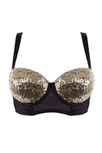 Load image into Gallery viewer, gold and black sequin longline bra 
