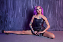 Load image into Gallery viewer, leatherette wetlook body bodice teddy black shorts strapless sweetheart neckline fitted playsuit
