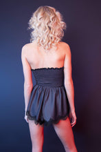 Load image into Gallery viewer, purple satin black lace body bodice teddy shorts strapless sweetheart neckline fitted playsuit
