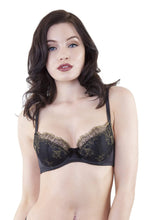 Load image into Gallery viewer, Karine Lace Overlay Bra Black/Gold A-D Cups

