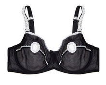 Load image into Gallery viewer, black and white lace bow mesh french maid lingerie sheer bra open peek a boo peep hole cupless 
