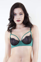 Load image into Gallery viewer, green and black eyelash lace bra harness caged satin
