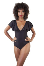 Load image into Gallery viewer, Ruffle Neckline Swimsuit Black
