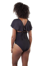 Load image into Gallery viewer, Ruffle Neckline Swimsuit Black
