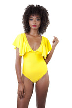 Load image into Gallery viewer, Ruffle Neckline Swimsuit Yellow
